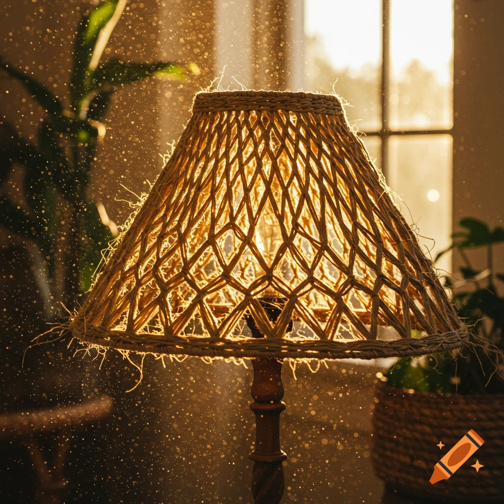 Close-up of a glowing raffia lamp shade in warm sunlight, with dust motes dancing in the air.