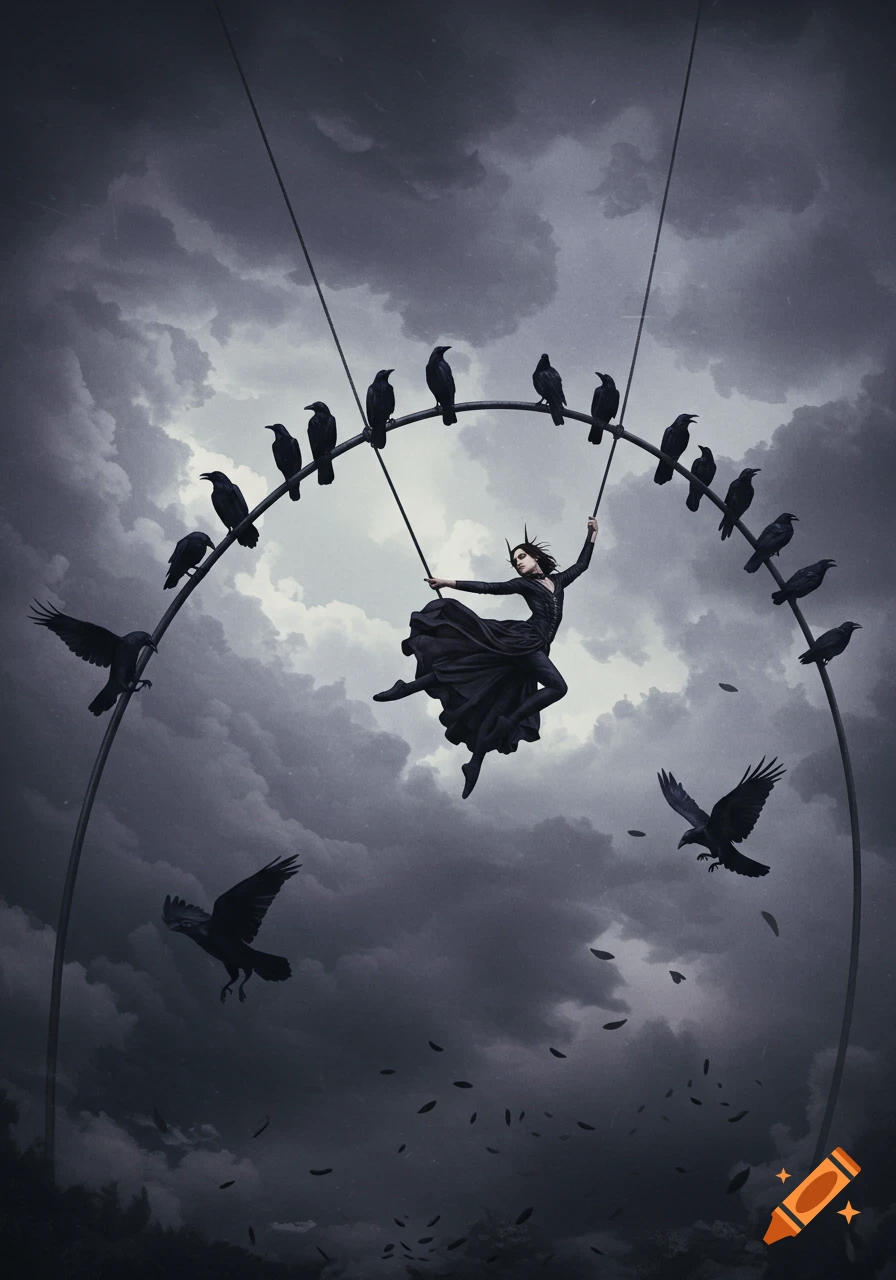 A dark fantasy image of a woman in a black dress swinging from a trapeze populated by ravens under a stormy sky, with feathers falling.