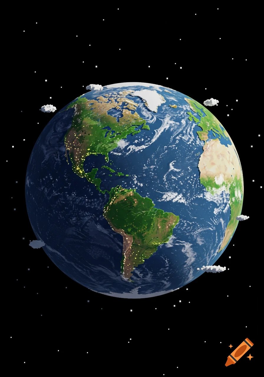 Pixel art rendering of Earth from space, showing continents, oceans, city lights, pixelated clouds and stars.