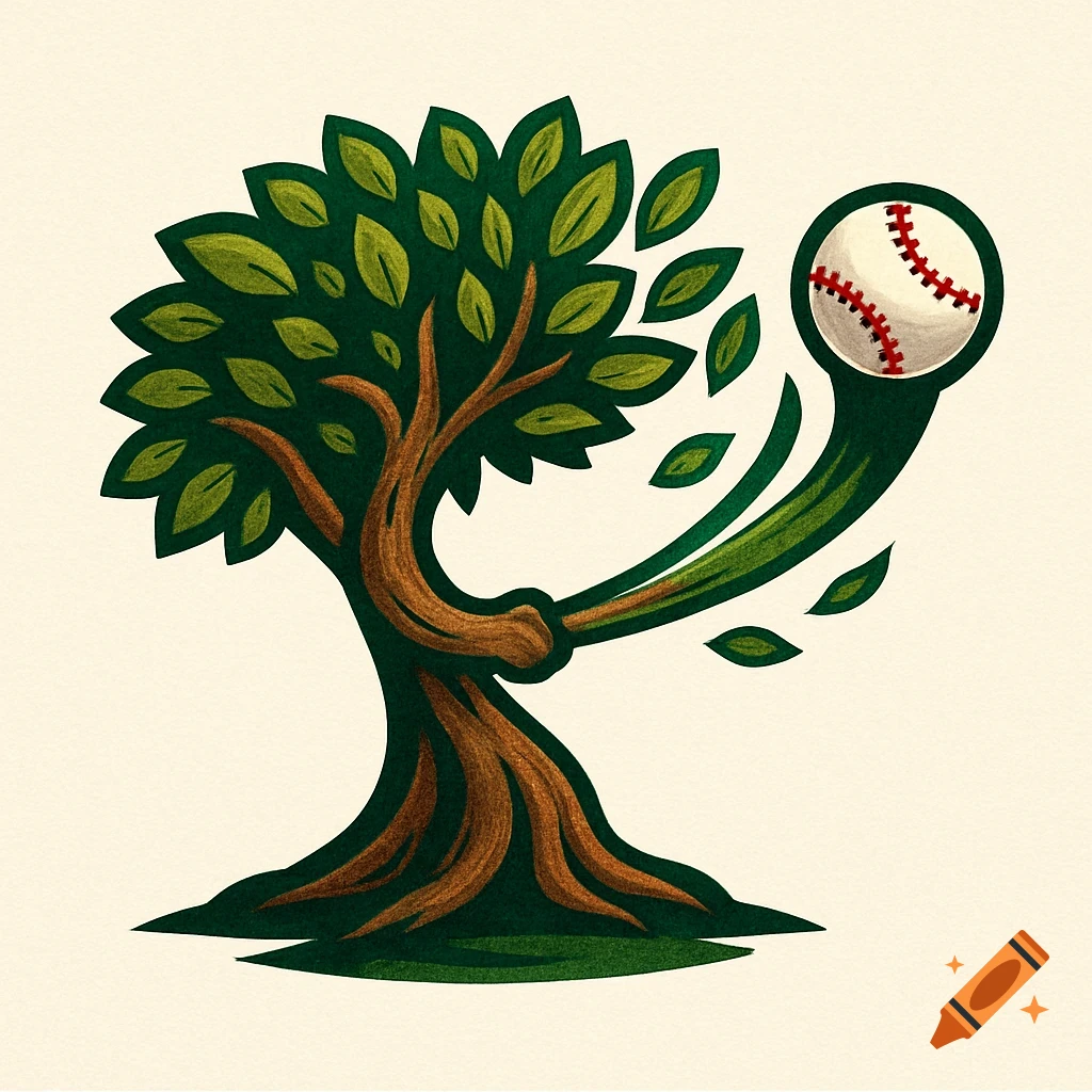 Stylized logo of a green tree with a brown trunk, swinging a baseball with its branch, on a cream background.