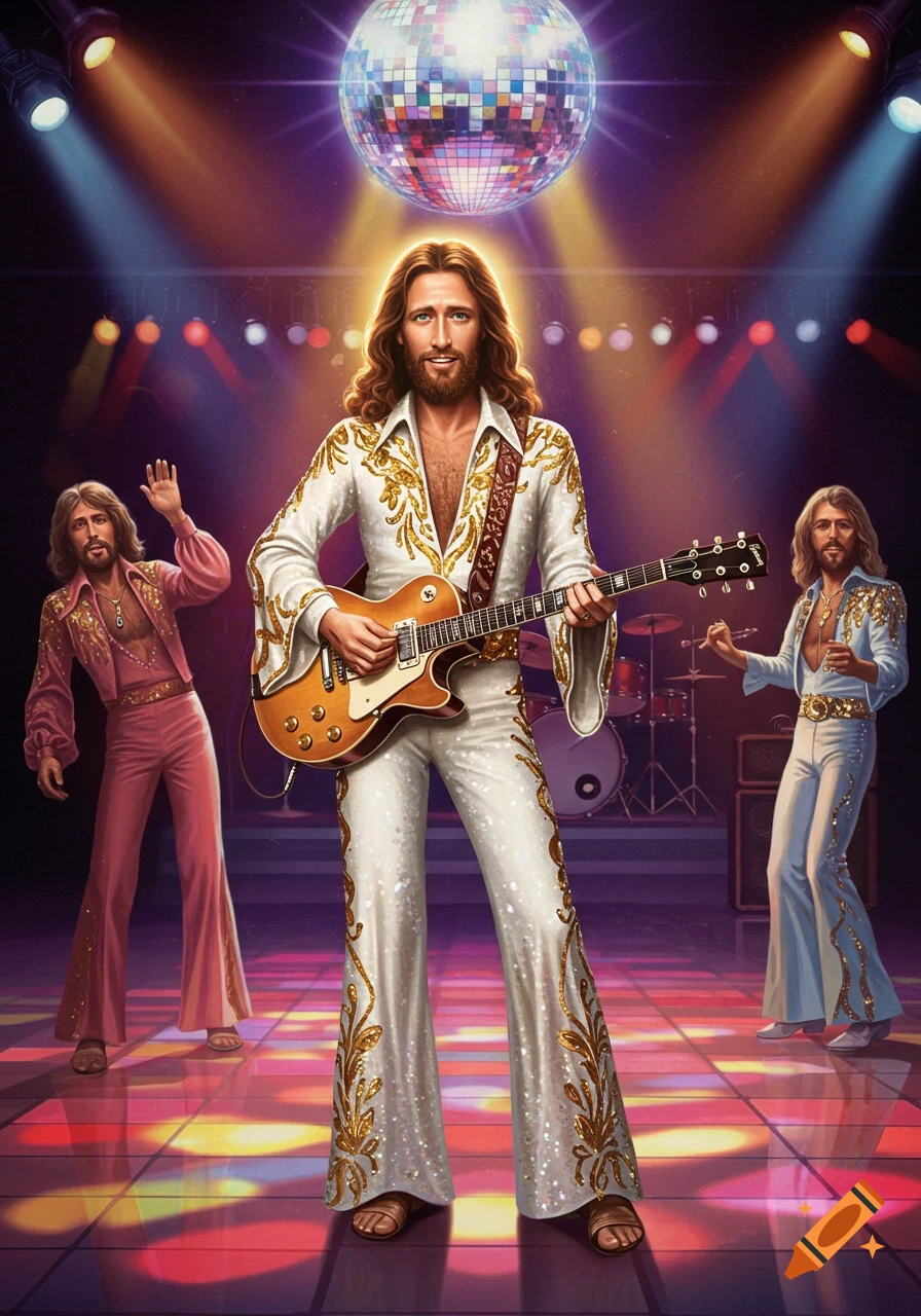 Jesus Christ in a white sparkling disco jumpsuit plays a guitar on a lit dance floor under a disco ball, flanked by other Jesus figures.