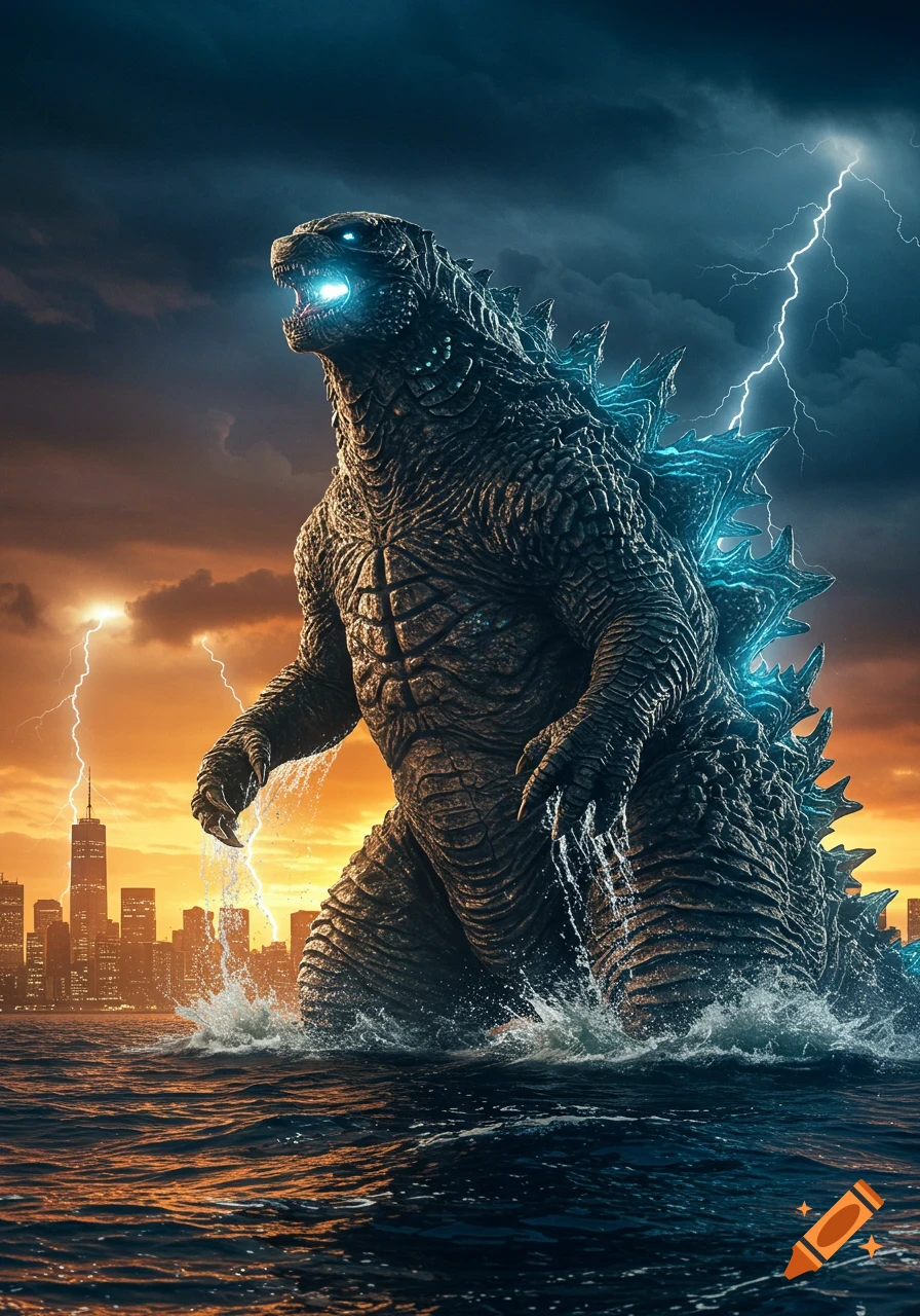 A gigantic Godzilla stands roaring in the ocean during a stormy sunset, with a city skyline and lightning in the background. Photorealistic.