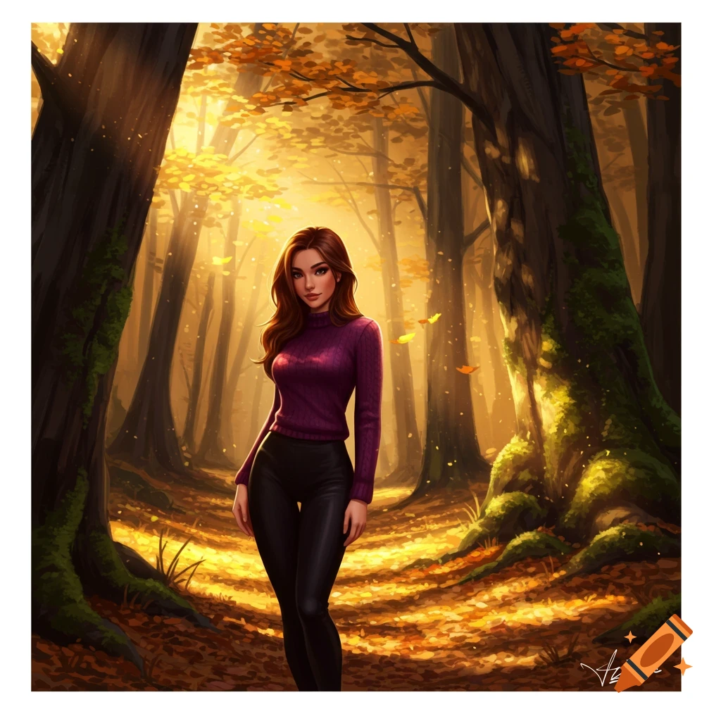 A young woman in a purple sweater and black pants stands in a sunlit autumn forest, digital art style.