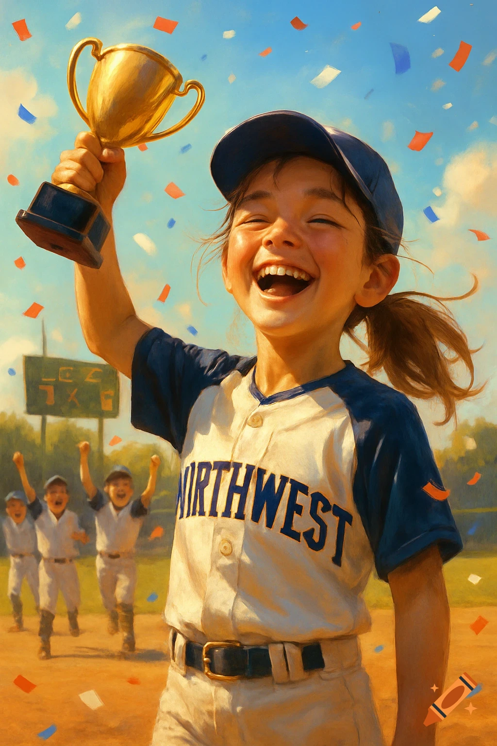 A smiling girl in a baseball uniform holds a trophy aloft, confetti falling, with teammates in the background on a sunny field in a painterly style.