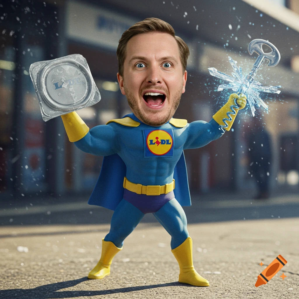 A superhero with a man's face, wearing a blue and yellow suit with a LIDL logo, holding a LIDL food container and an icy wine opener.