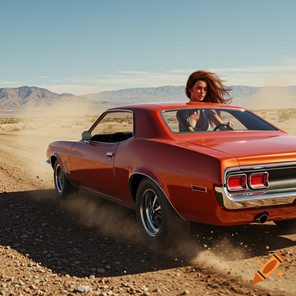 Photorealistic image of a woman driving an orange muscle car on a dusty desert road.