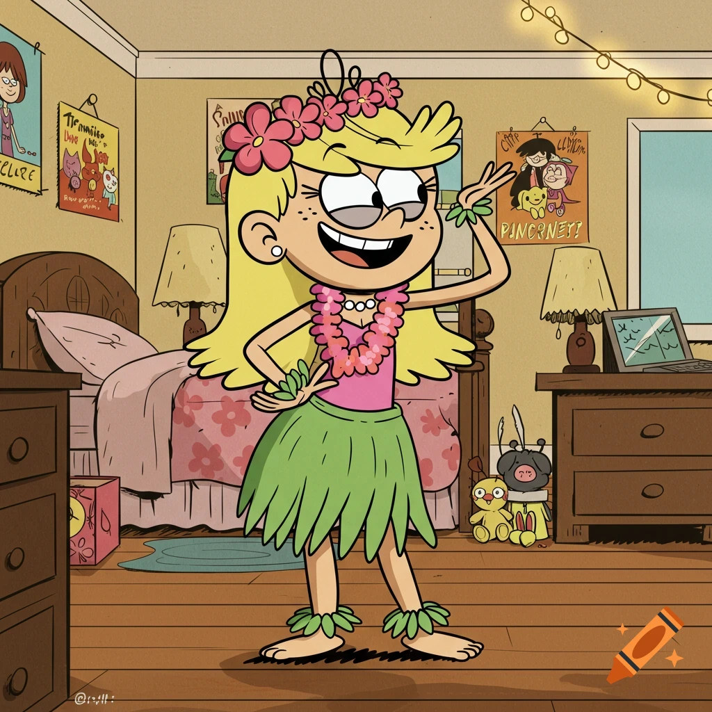Lola Loud, a blonde cartoon girl from The Loud House, hula dances in her room, wearing a pink flower headband, a pink top, a green grass skirt, a lei, and wrist/ankle grass bracelets.