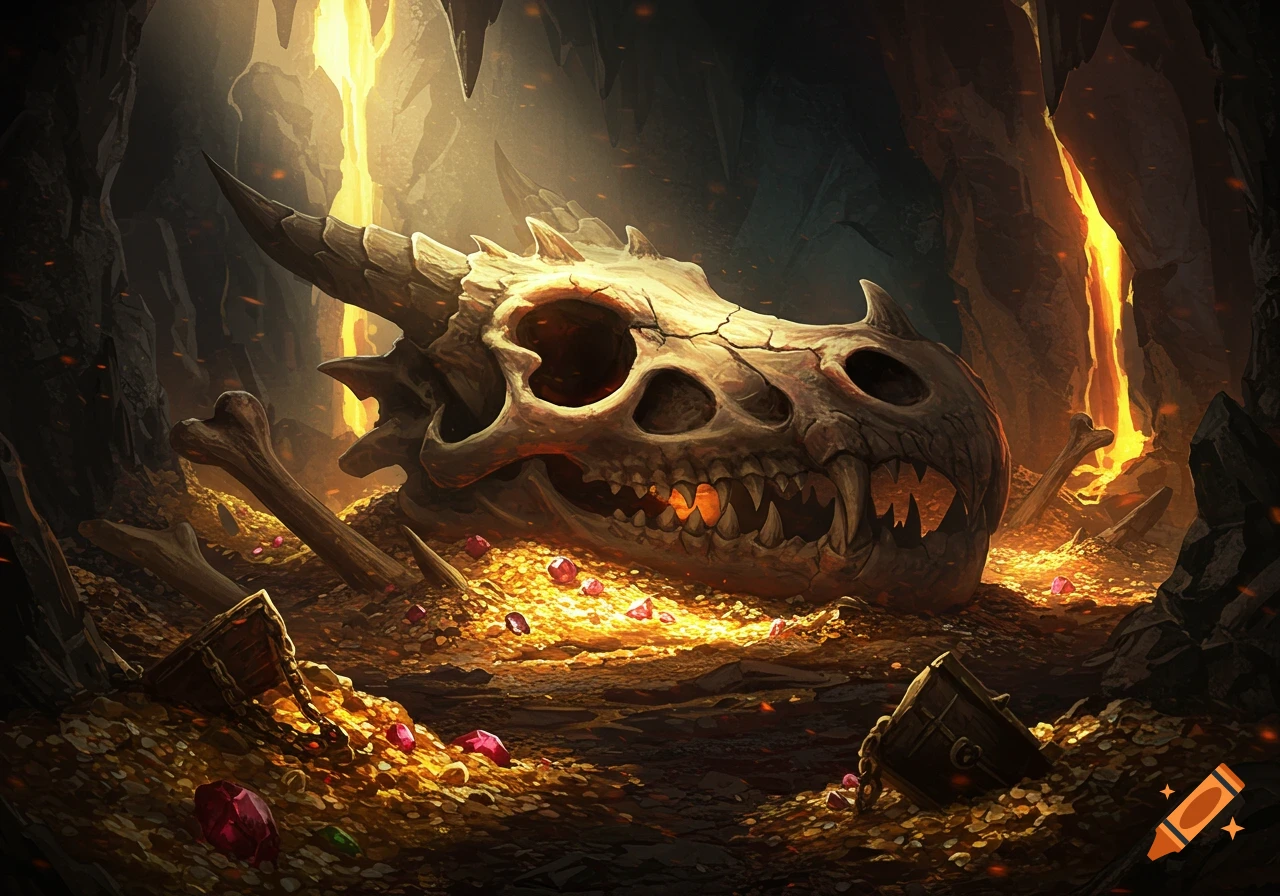 A detailed painting of a large dragon skull surrounded by gold coins and jewels in a glowing lava cave, fantasy art style.