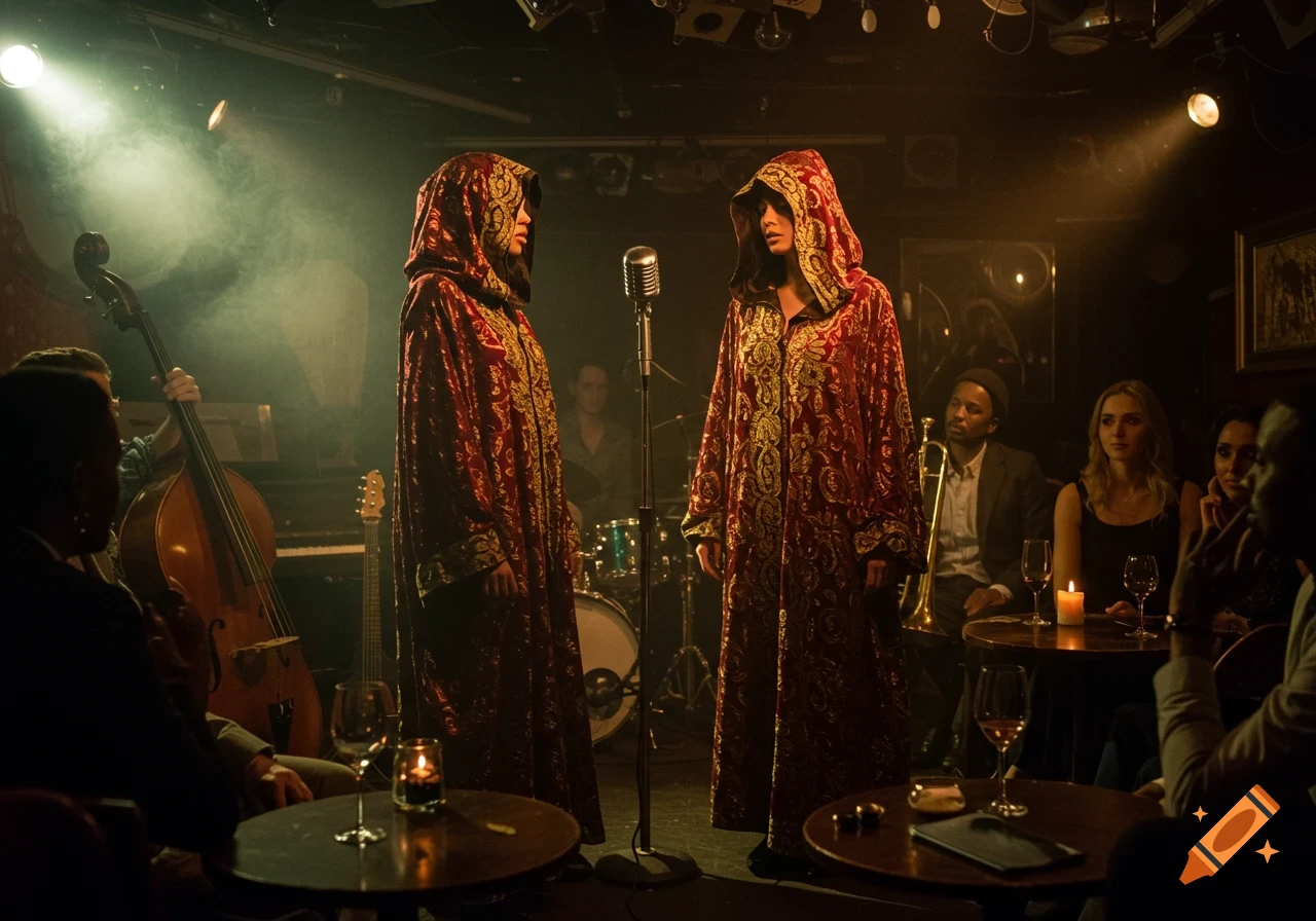 Two women in ornate hooded robes perform at a dimly lit open mic night in a lounge with musicians and an audience.