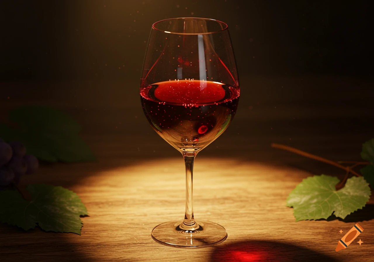 A photorealistic close-up of a glass of red wine with bubbles, grapes, and leaves on a wooden table, lit by a warm spotlight.