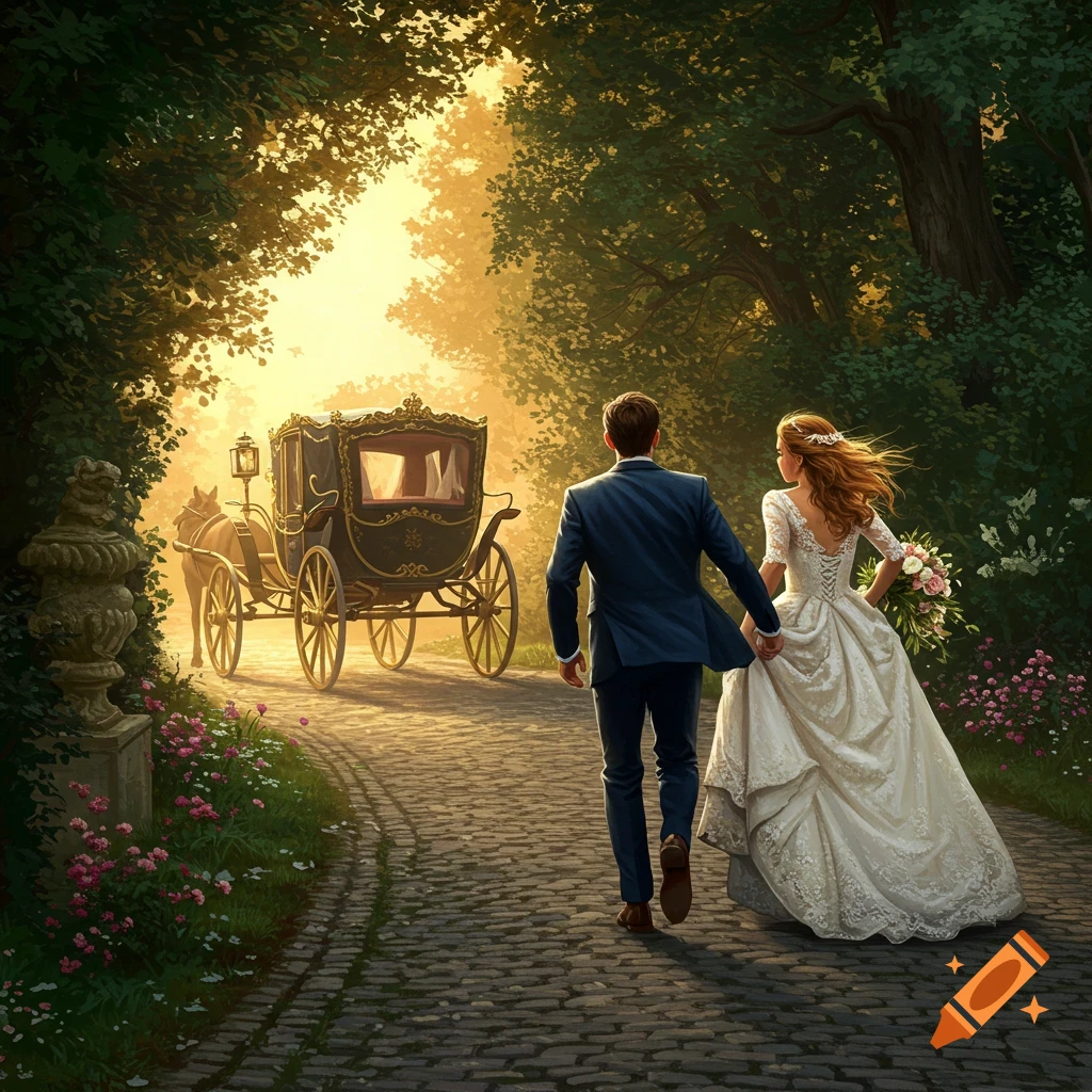 A wedding couple holding hands walking down a cobblestone path towards a horse-drawn carriage at sunset, surrounded by lush trees and flowers.