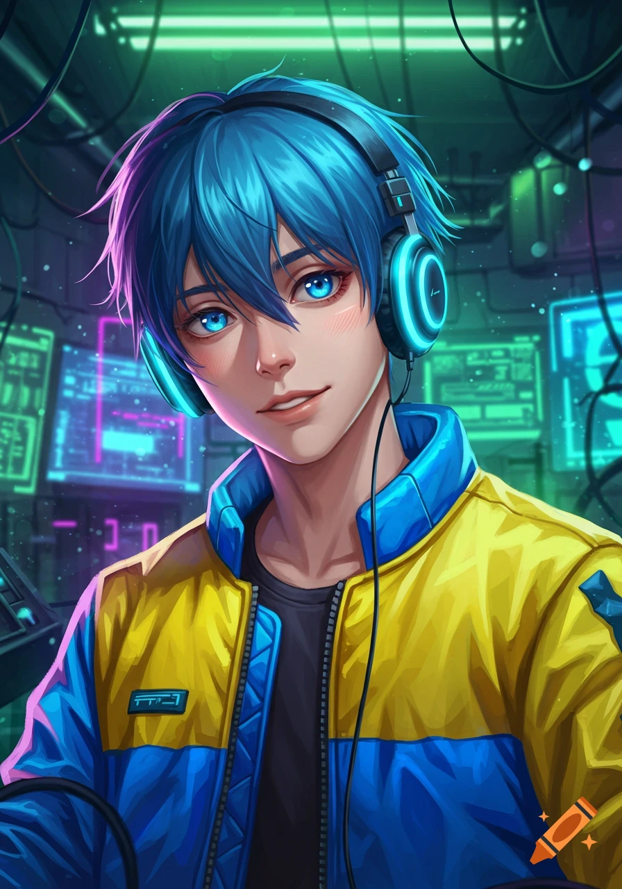 Close-up of a handsome anime male with blue hair, glowing blue eyes, and headphones, wearing a yellow and blue bomber jacket in a cyberpunk room.