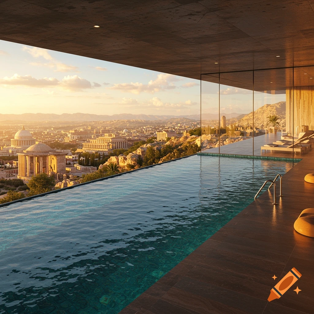Photorealistic image of a modern infinity pool overlooking a historic city at sunset from a high vantage point.