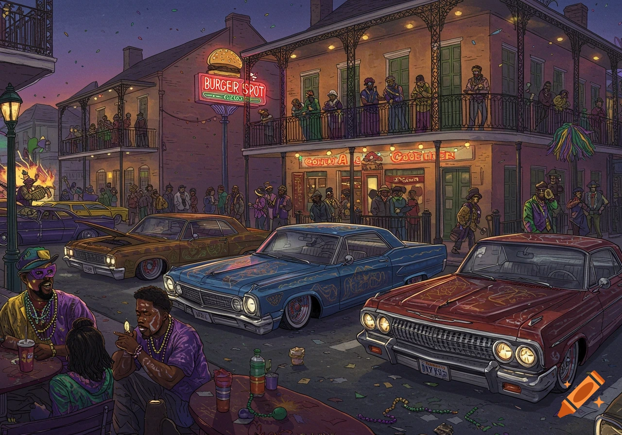 A vibrant, detailed illustration of a 90s low-rider car rally during Mardi Gras in New Orleans. Classic cars line a street in front of buildings with balconies and neon signs, people in festive attire mingle, and beads are scattered on the ground. A prominent sign reads "BURGER SPOT".