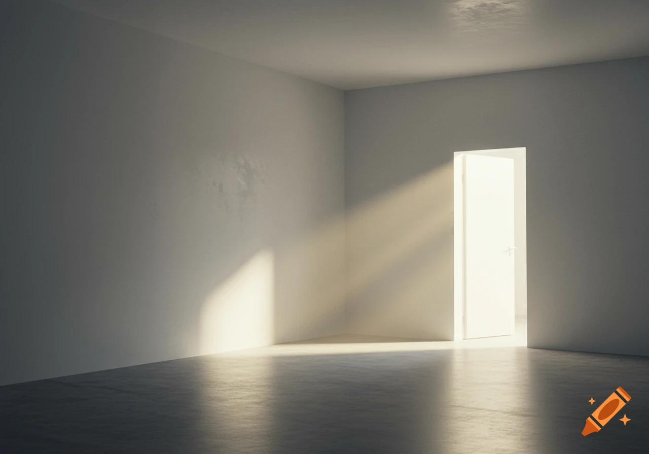 Empty minimalist room with white walls, a grey floor, and an open door casting light and shadows.