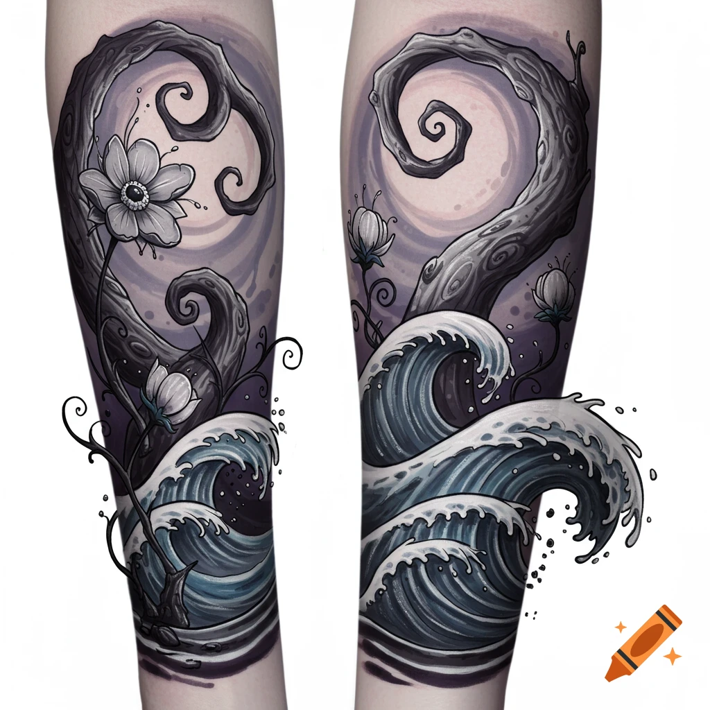 Two forearms with dark, whimsical Tim Burton style tattoos featuring swirling trees, pale flowers, and dramatic ocean waves.