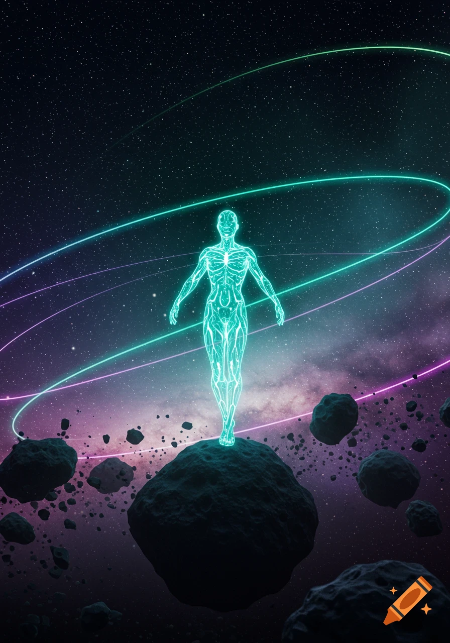 Ethereal glowing human figure on an asteroid in deep space, surrounded by a nebula and vibrant neon rings.