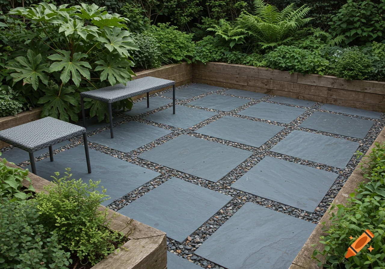 A modern garden patio with large square dark gray paving slabs separated by lines of small pebbles, surrounded by lush green foliage and two small gray woven tables.