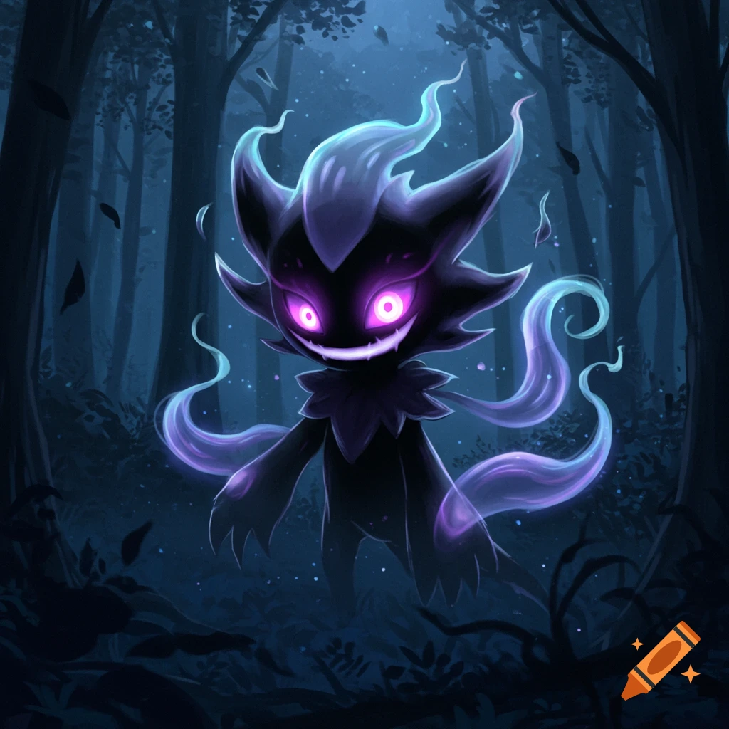 A dark, shadowy, cat-like fantasy creature with glowing pink eyes and a jagged smile in a mysterious, dark blue forest.
