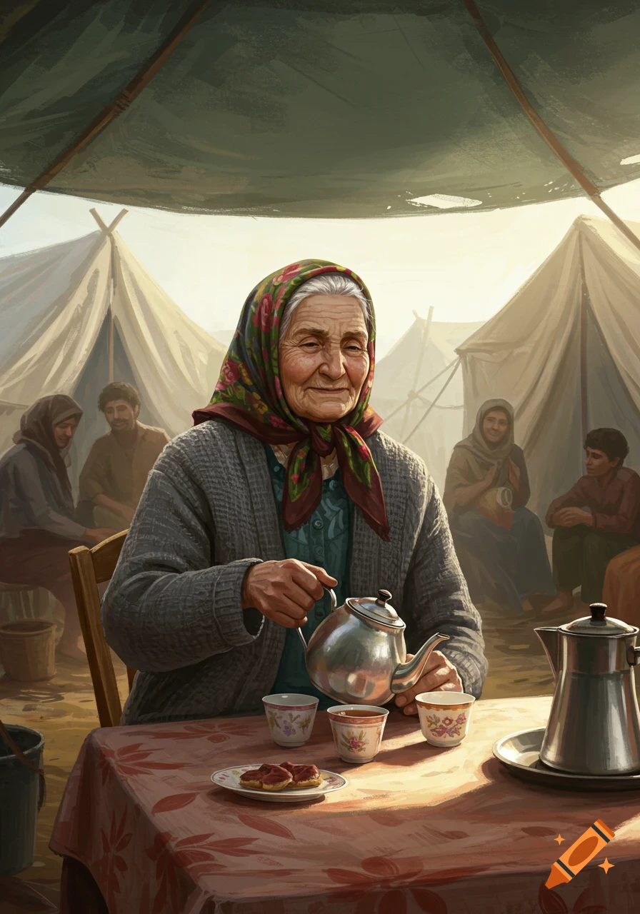 An old woman with a colorful headscarf and grey cardigan pours tea into a small cup, smiling. Other people and tents are visible in the background of the refugee camp, in a painterly style.