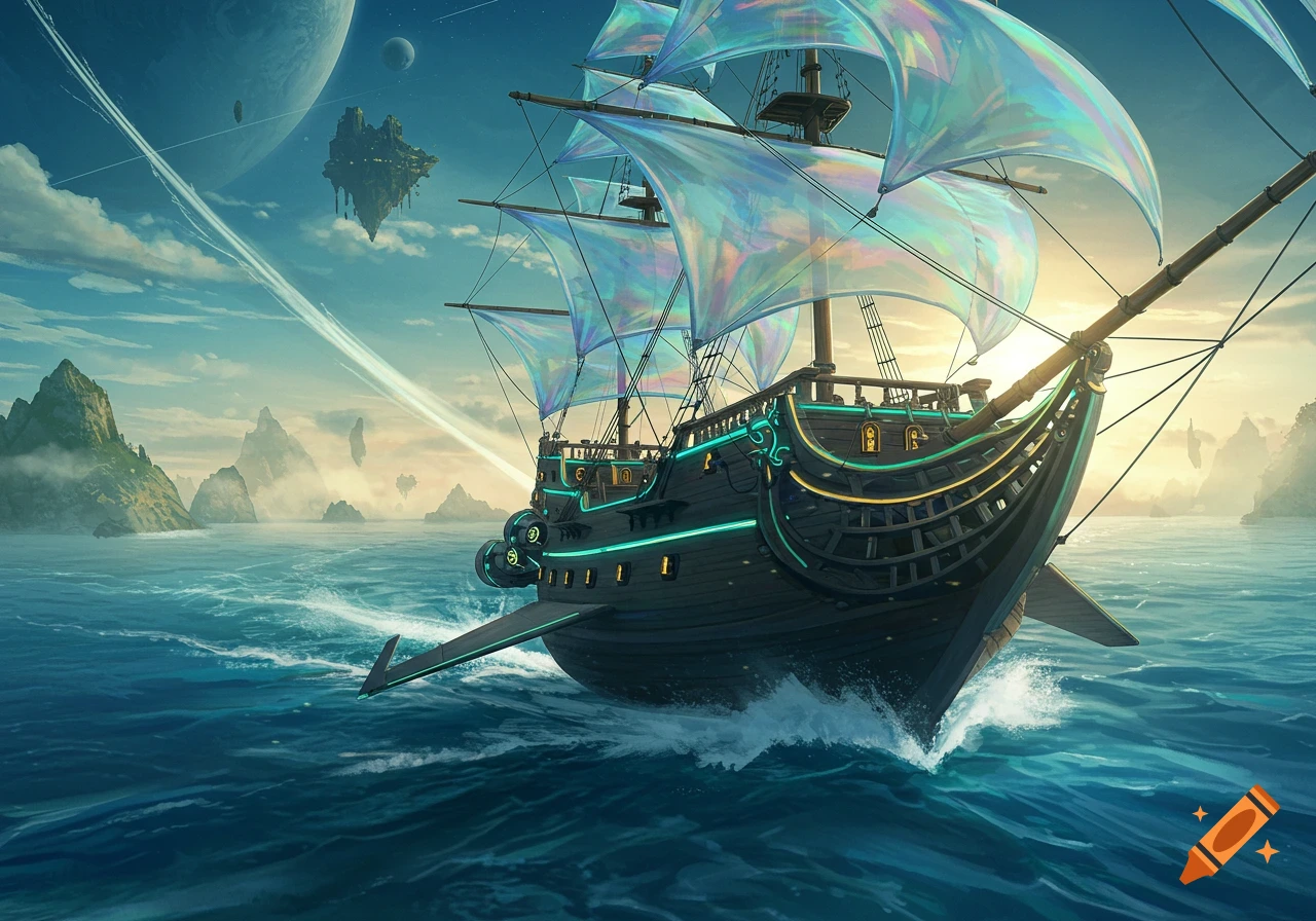 A futuristic pirate ship with glowing neon accents and iridescent sails sails on a fantastical ocean with floating islands and planets in the sky.