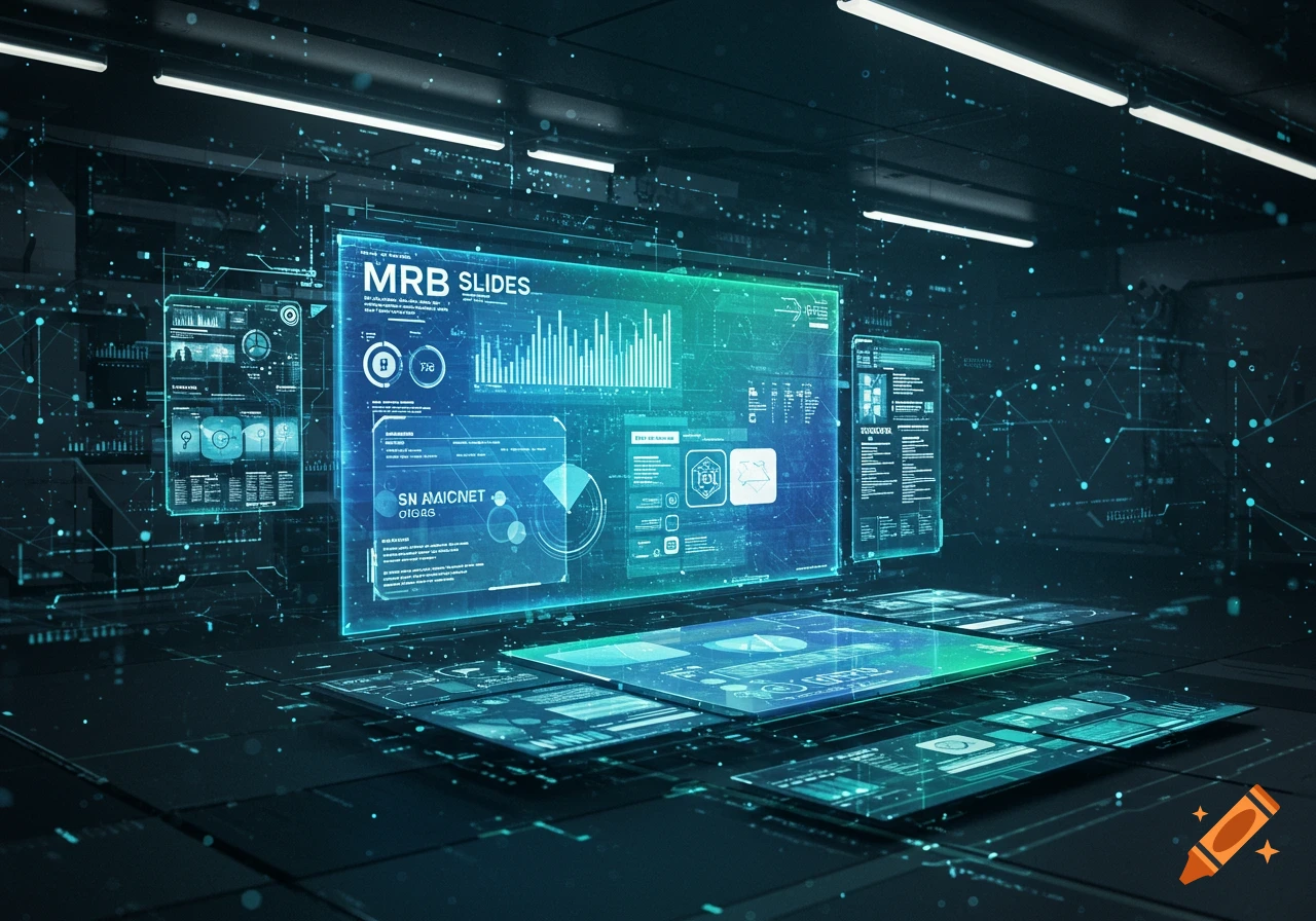 Futuristic digital interface displaying blue and green holographic data screens with graphs, text, and networks in a dark, tech-filled room.