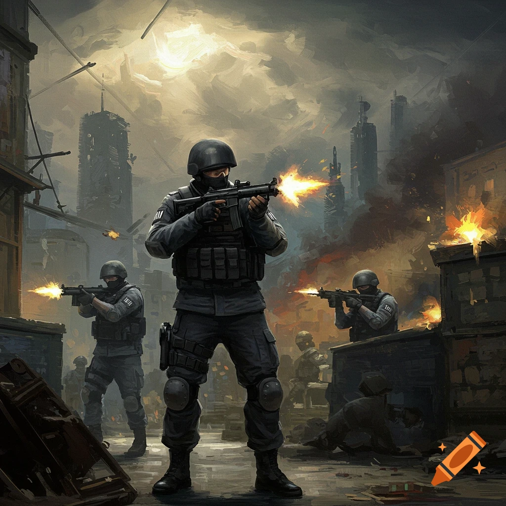Oil painting of tactical soldiers in helmets and gear firing rifles in a chaotic urban combat zone with explosions.