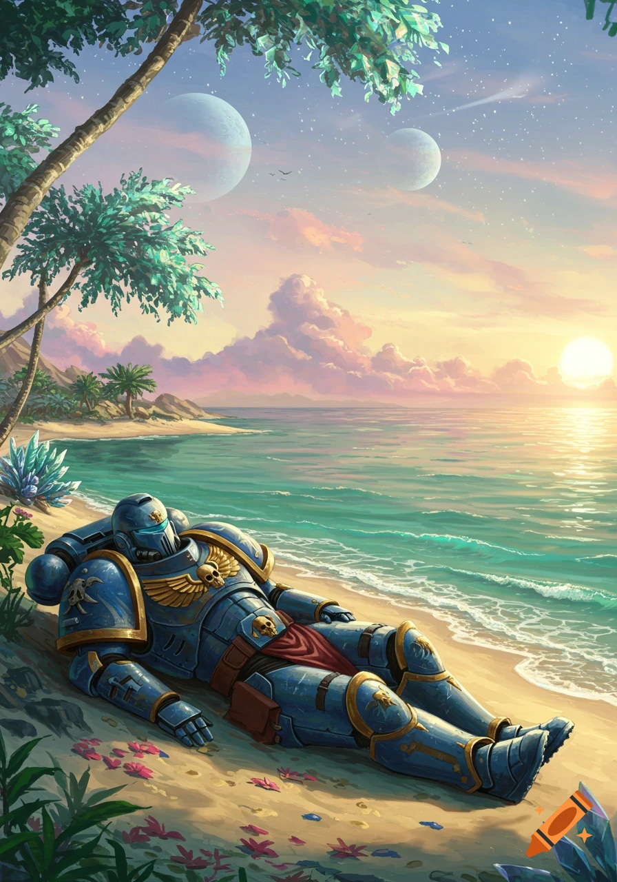 A blue and gold Space Marine relaxes on a tropical beach during sunset, with two moons in the sky. Digital art.