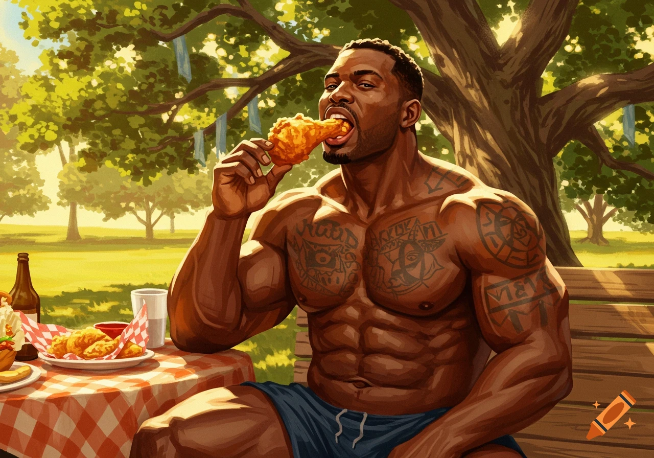 A muscular black man with tattoos sits outdoors at a picnic table, eating a piece of fried chicken in a stylized, illustrative art style.