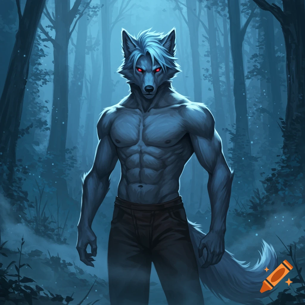 Muscular, shirtless light blue-furred wolf-man with red eyes, wearing dark pants, stands in a misty, dark blue forest.