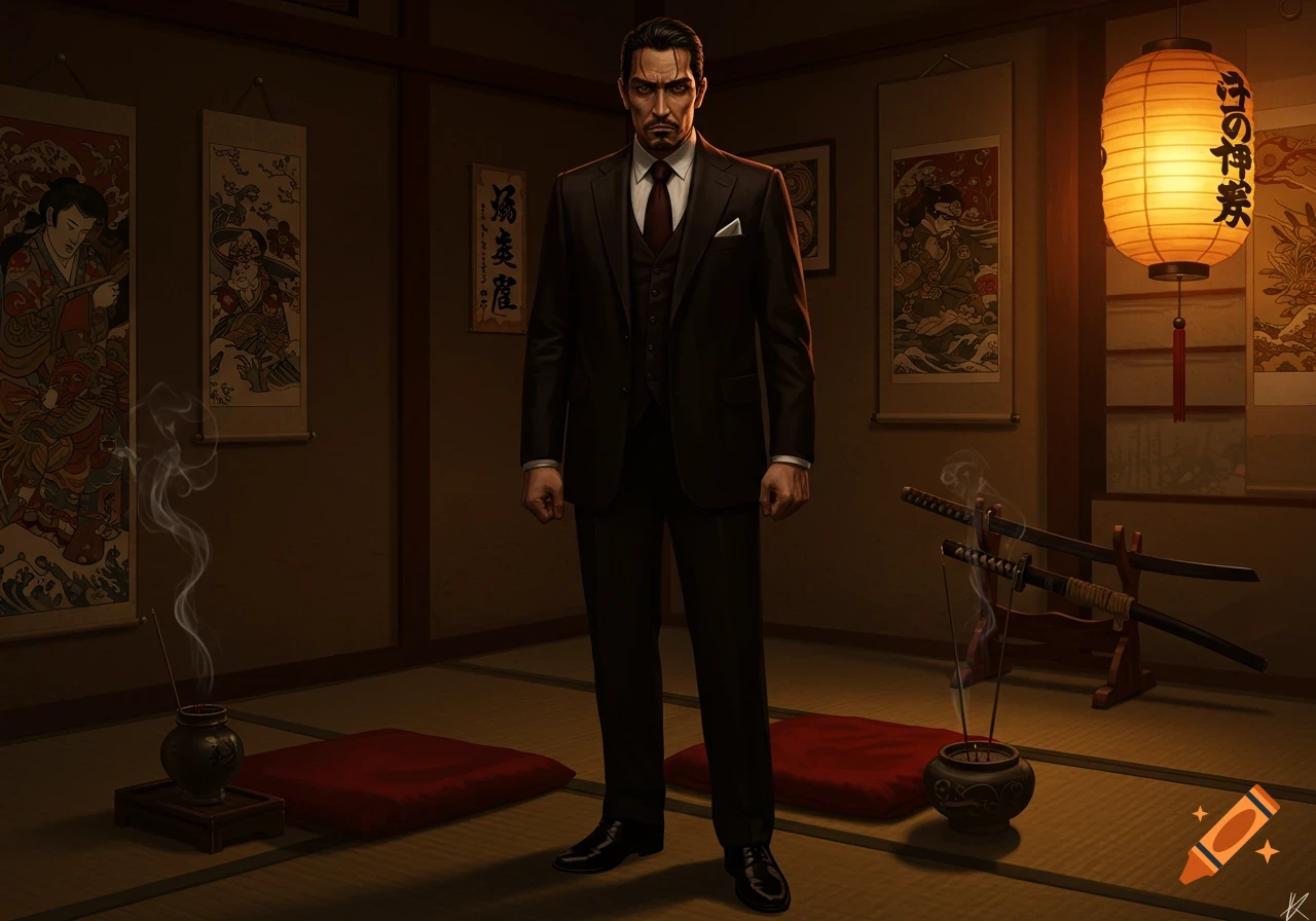 A man in a dark suit with a stern expression stands in a dimly lit, traditional Japanese room with scrolls, a lantern, and samurai swords.