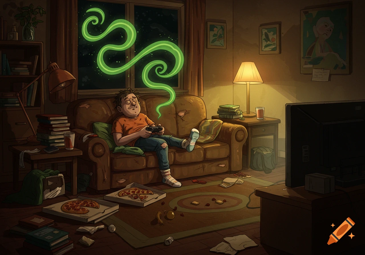 A cartoon illustration of a disheveled man playing video games on a couch in a messy, dimly lit living room, with green smoke rising.