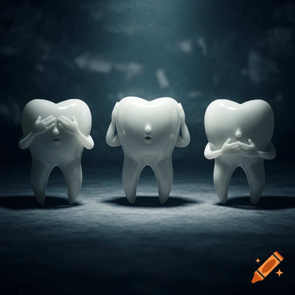 Three white molar teeth figures depict 'see no evil, hear no evil, speak no evil' on a dark background.