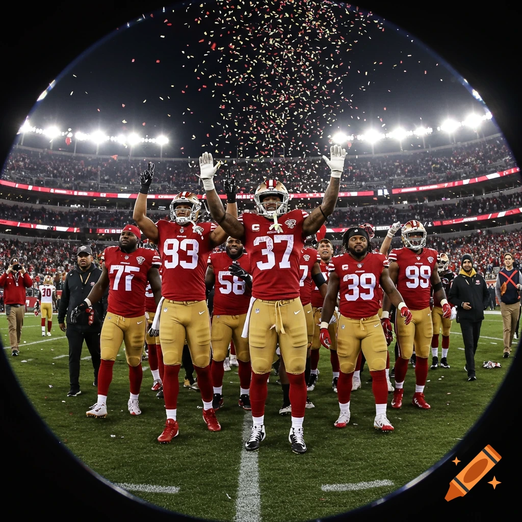 Photorealistic image of San Francisco 49ers football players celebrating on the field with confetti falling.