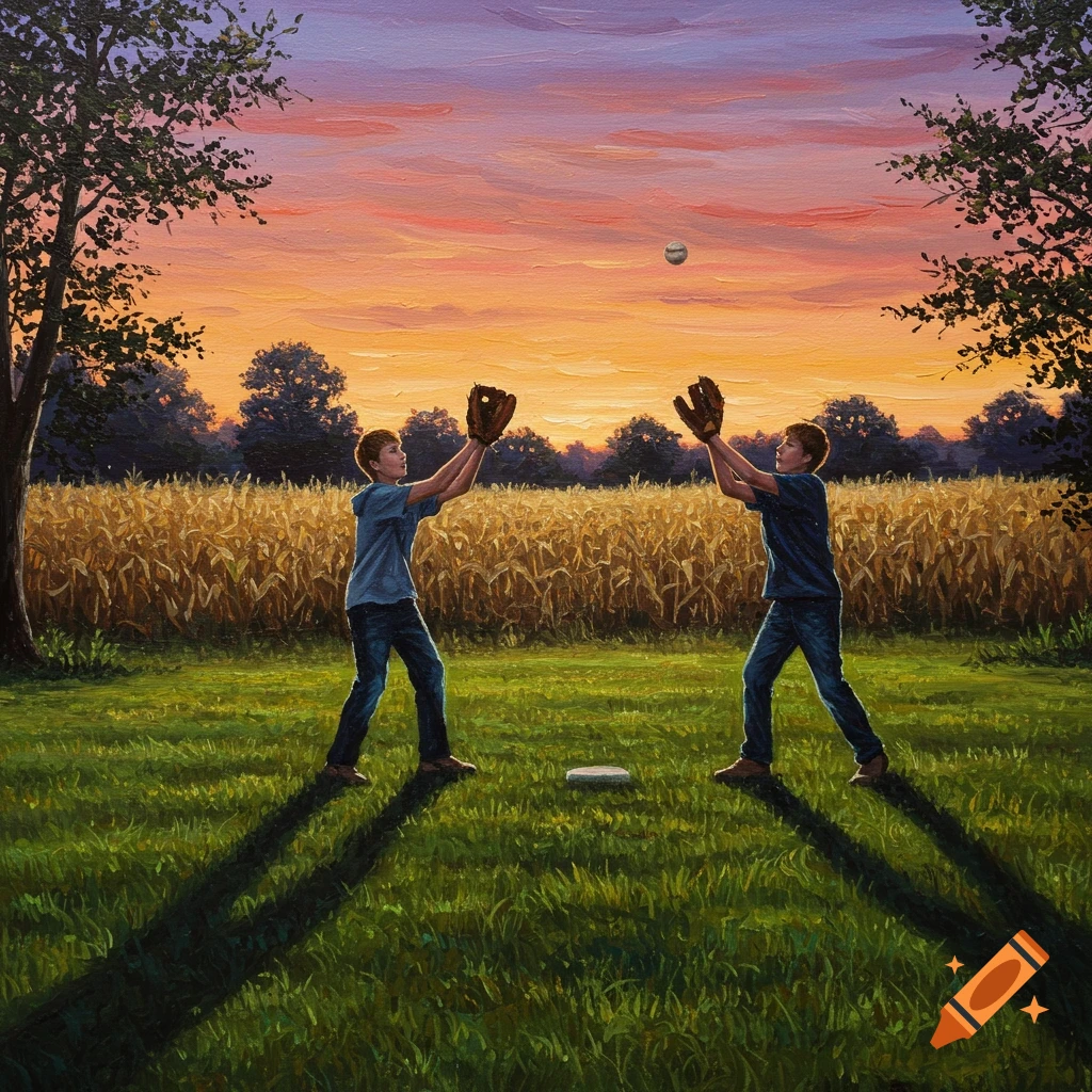 Acrylic painting of two teenage boys playing catch with a baseball glove in a grassy field with a cornfield and trees at sunset.