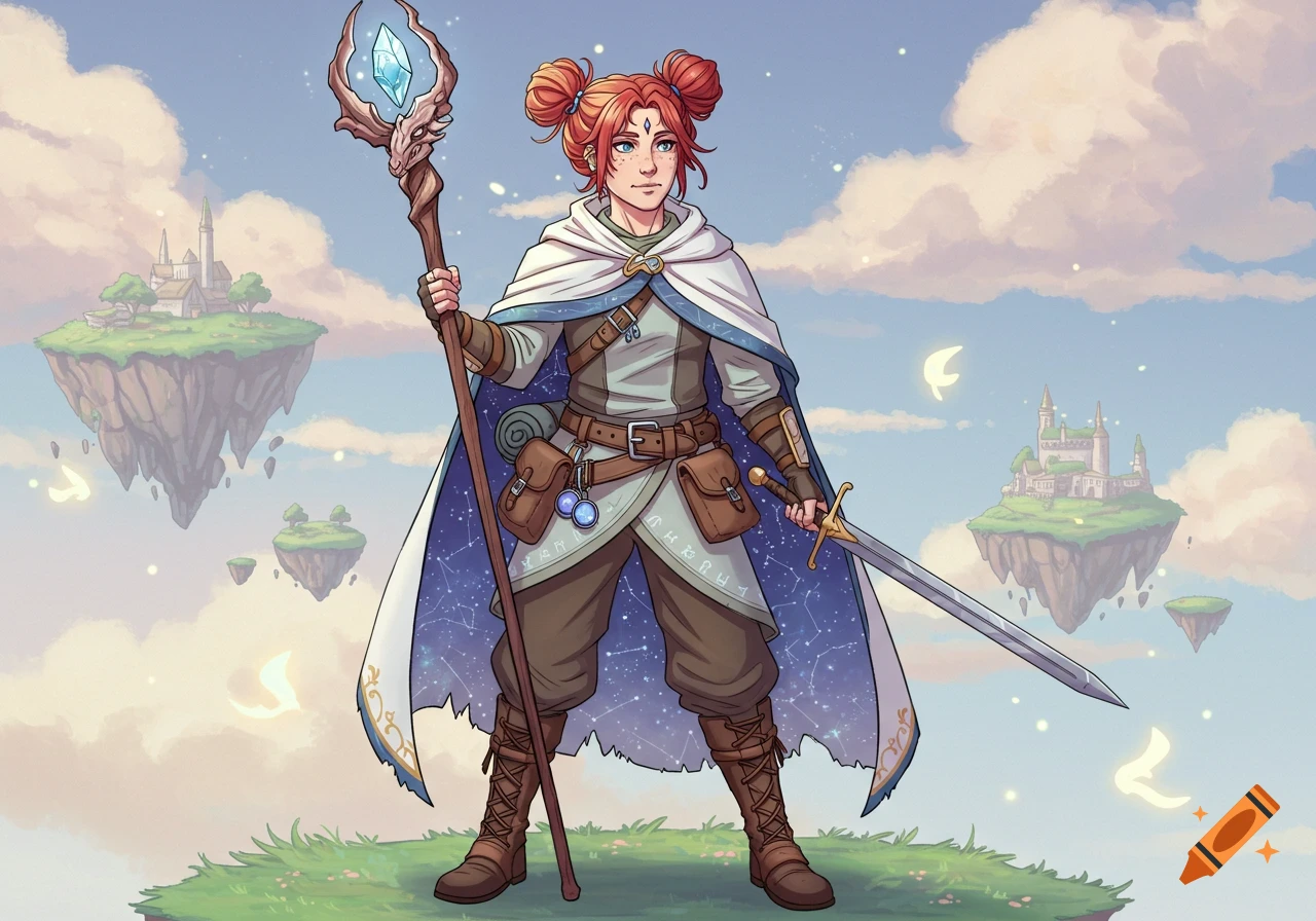 Anime-style illustration of a red-haired woman with buns, holding a staff and sword, standing on a floating island with other islands and castles in the background.
