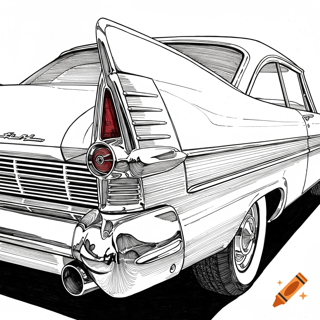 A black and white line art illustration of the rear driver's side of a 1957 Plymouth Fury, featuring large tail fins and chrome details.