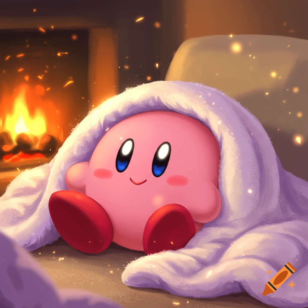 A cute pink Kirby with blushing cheeks snuggles happily under a white blanket in front of a warm fireplace.