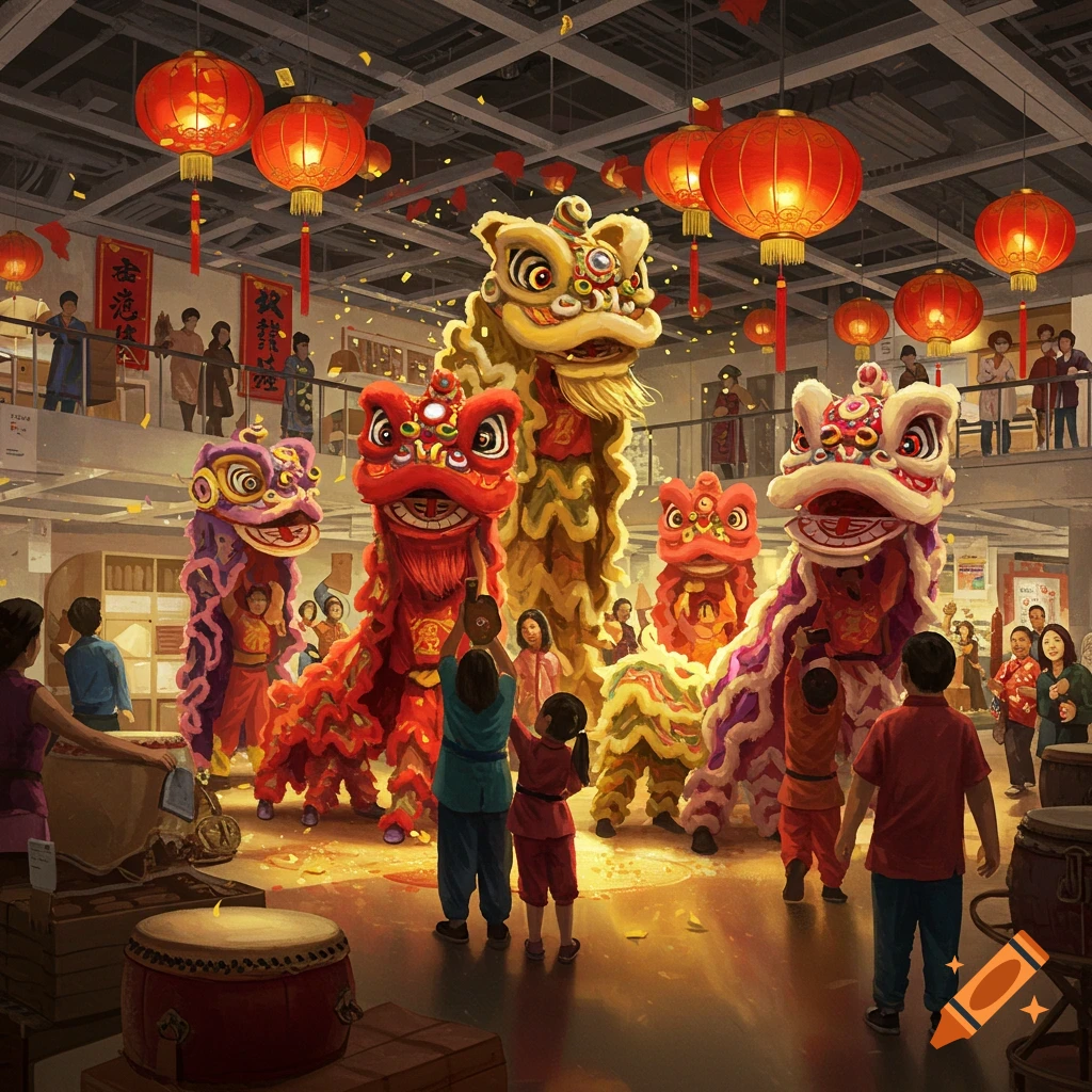 Vibrant illustration of a Chinese lion dance performance inside a large retail store with red lanterns and confetti, people watching.