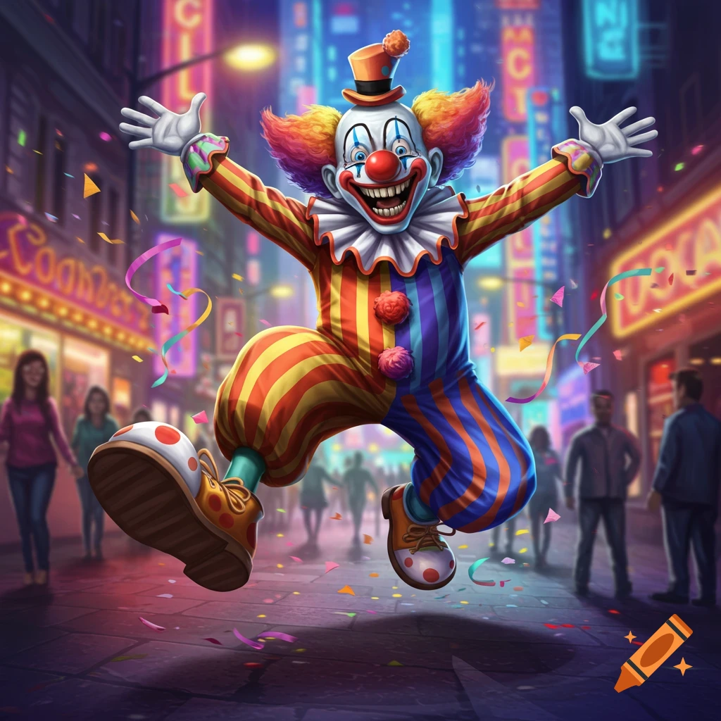 A vibrant, cartoon-style image of a joyful clown in a striped costume jumping on a confetti-strewn city street at night.