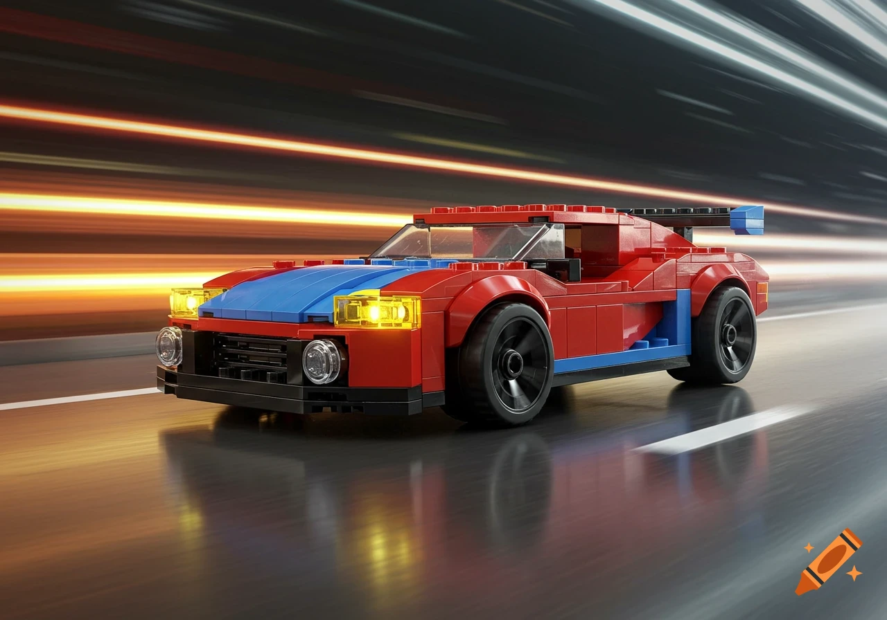 A red and blue Lego sports car with illuminated headlights speeds on a dark road with blurred background lights.