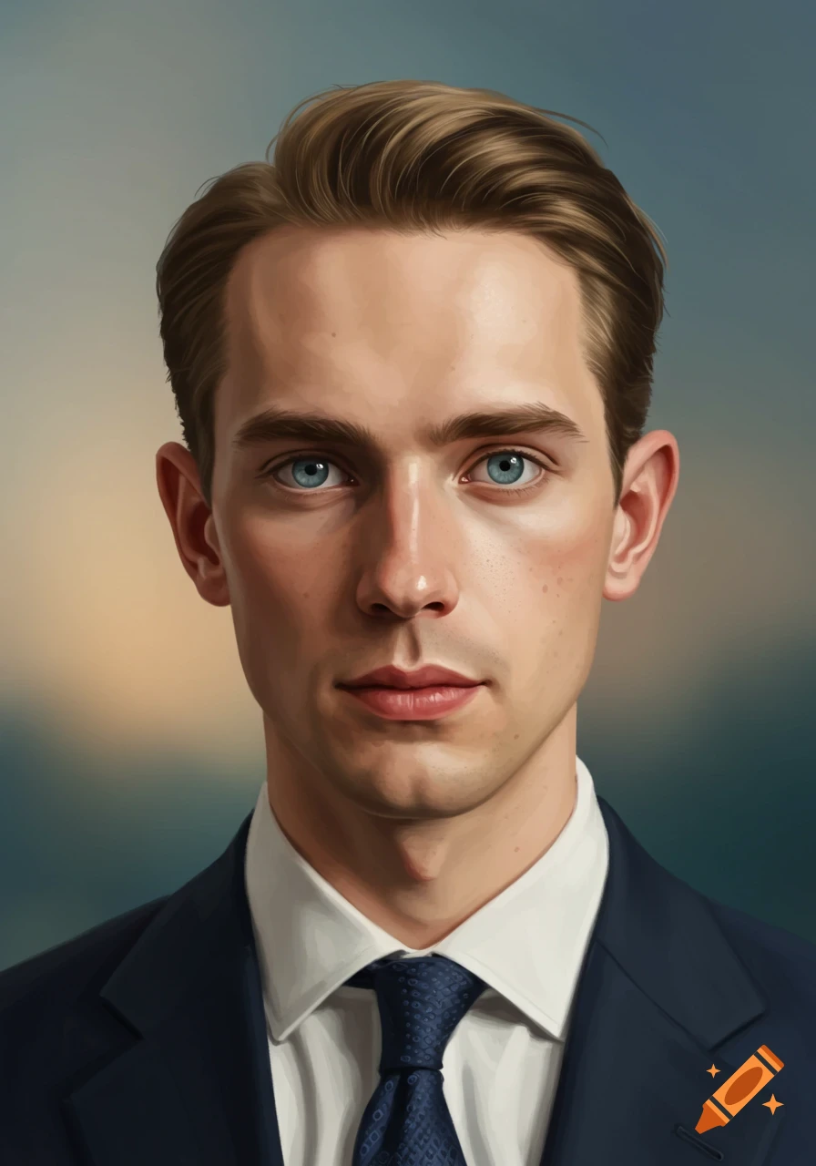 Realistic portrait of a young man with light brown hair and blue eyes, wearing a dark suit and patterned tie.