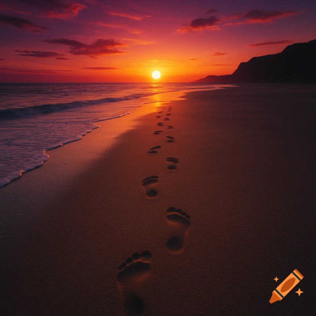 Photorealistic image of a beach at sunset, with footprints in the sand leading towards the horizon and a vibrant orange sun.