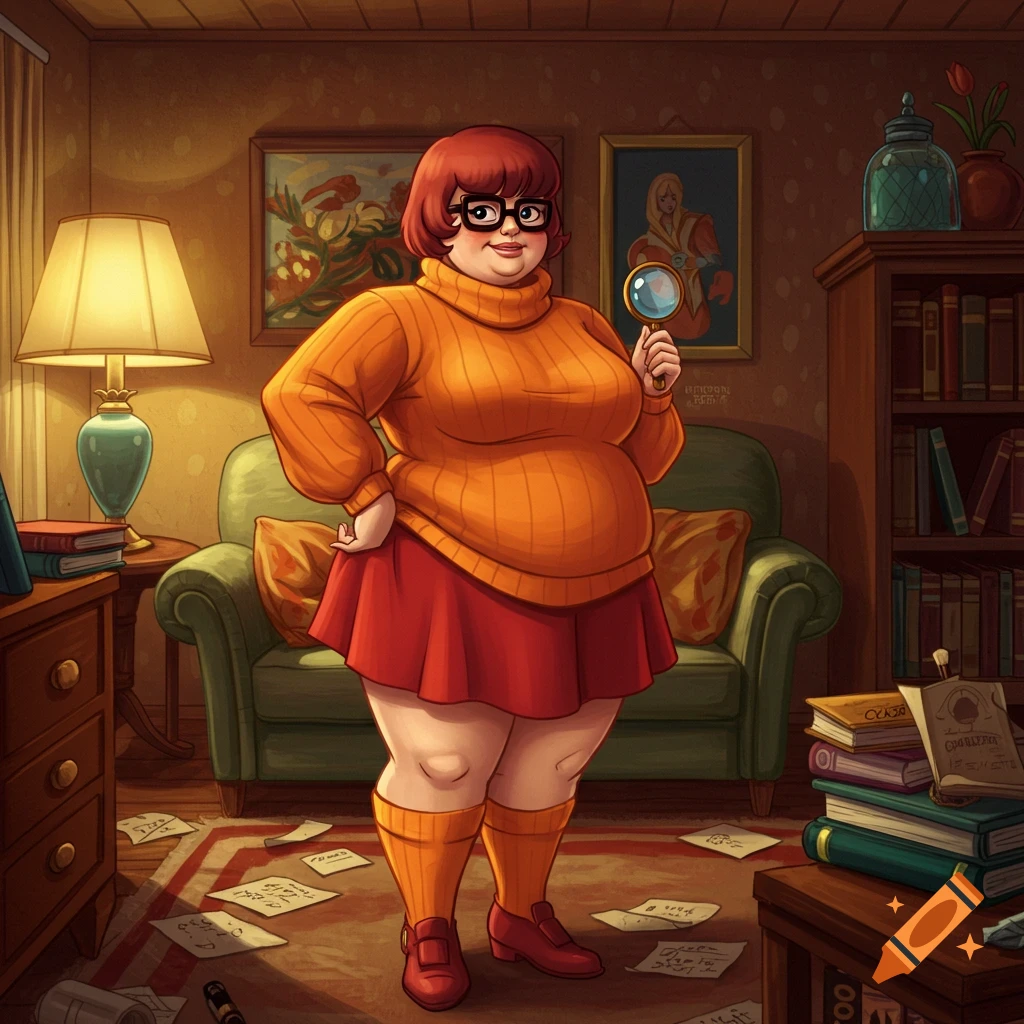 A cartoon drawing of a smiling, plus-size Velma from Scooby-Doo in an orange sweater and red skirt, holding a magnifying glass in a messy room.