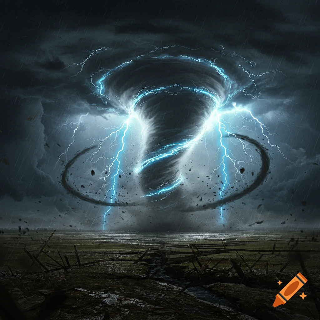 A powerful tornado with bright blue lightning and debris rips through a dark, stormy landscape.