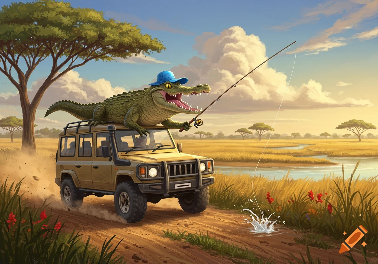 A cartoon alligator in a blue hat fishes from the roof of a safari truck driving through a sunny savanna with a river.