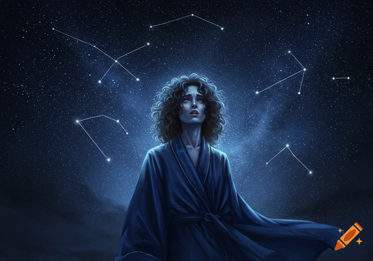 A wistful woman with curly hair in a robe looks up at a starry night sky with constellations, in a digital painting style.
