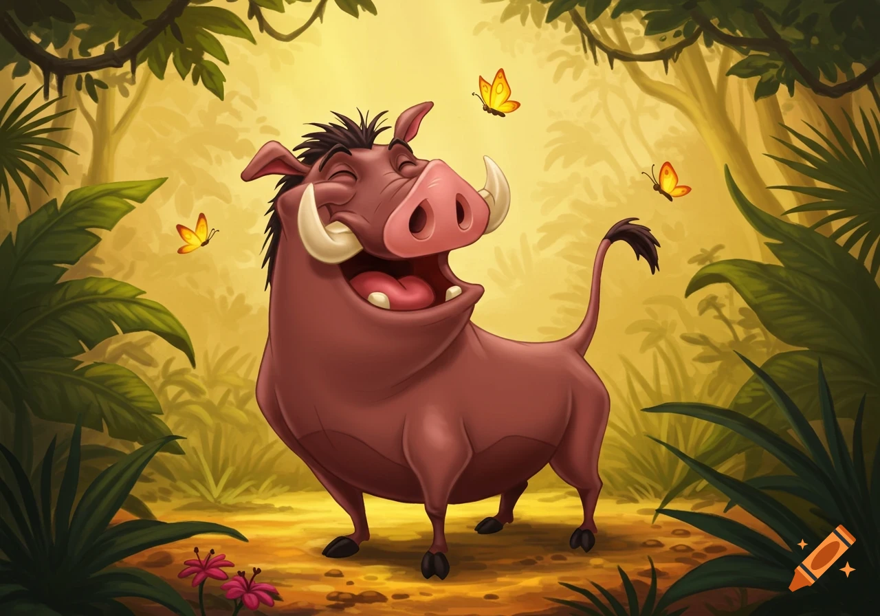 Cartoon Pumba from The Lion King, smiling with misaligned eyes in a vibrant jungle with butterflies.