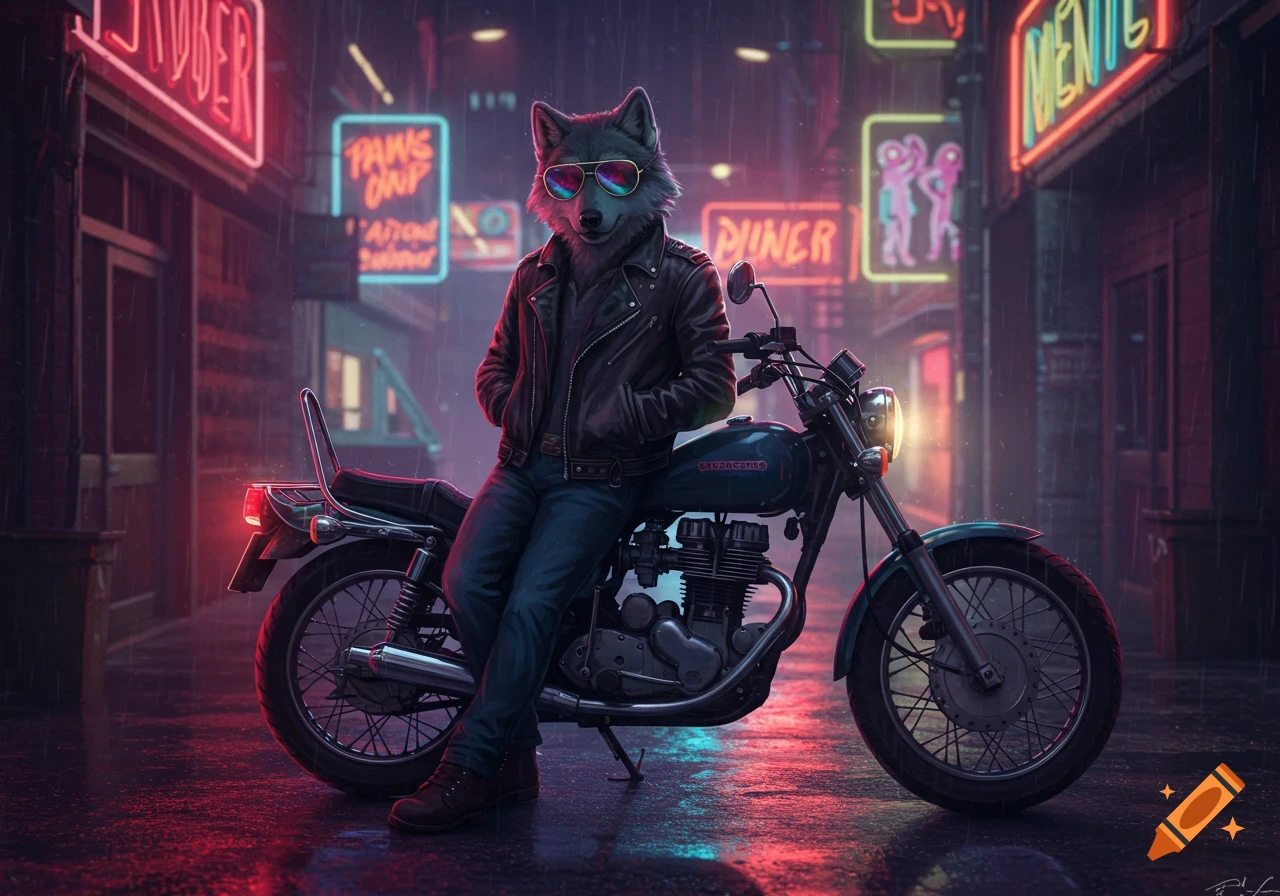An anthropomorphic wolf in sunglasses and a leather jacket leans on a classic motorcycle in a neon-lit, rainy retro-futuristic city.