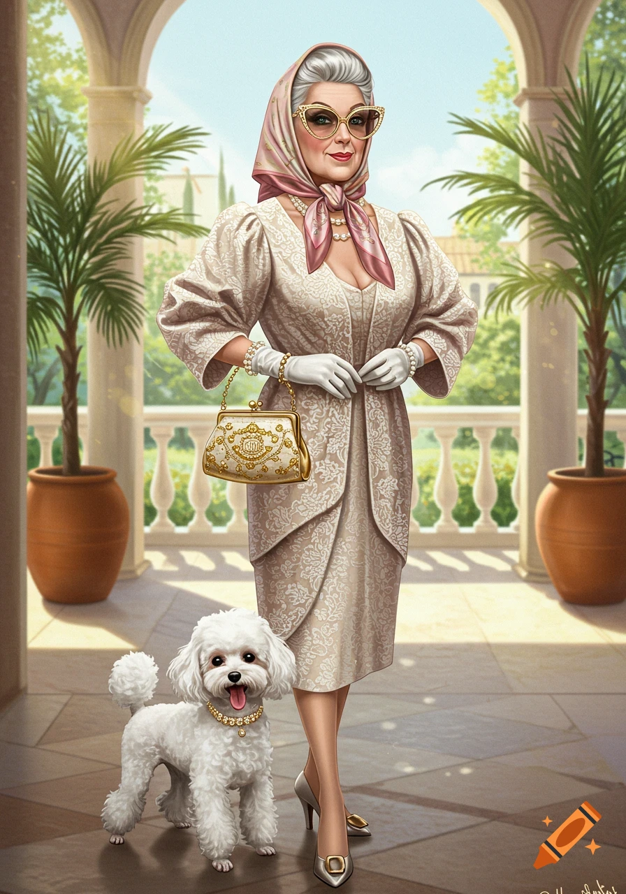 An illustration of an elegant older woman with gray hair, a pink headscarf, sunglasses, and a patterned dress, holding a golden purse, standing next to a white poodle on a tiled patio.